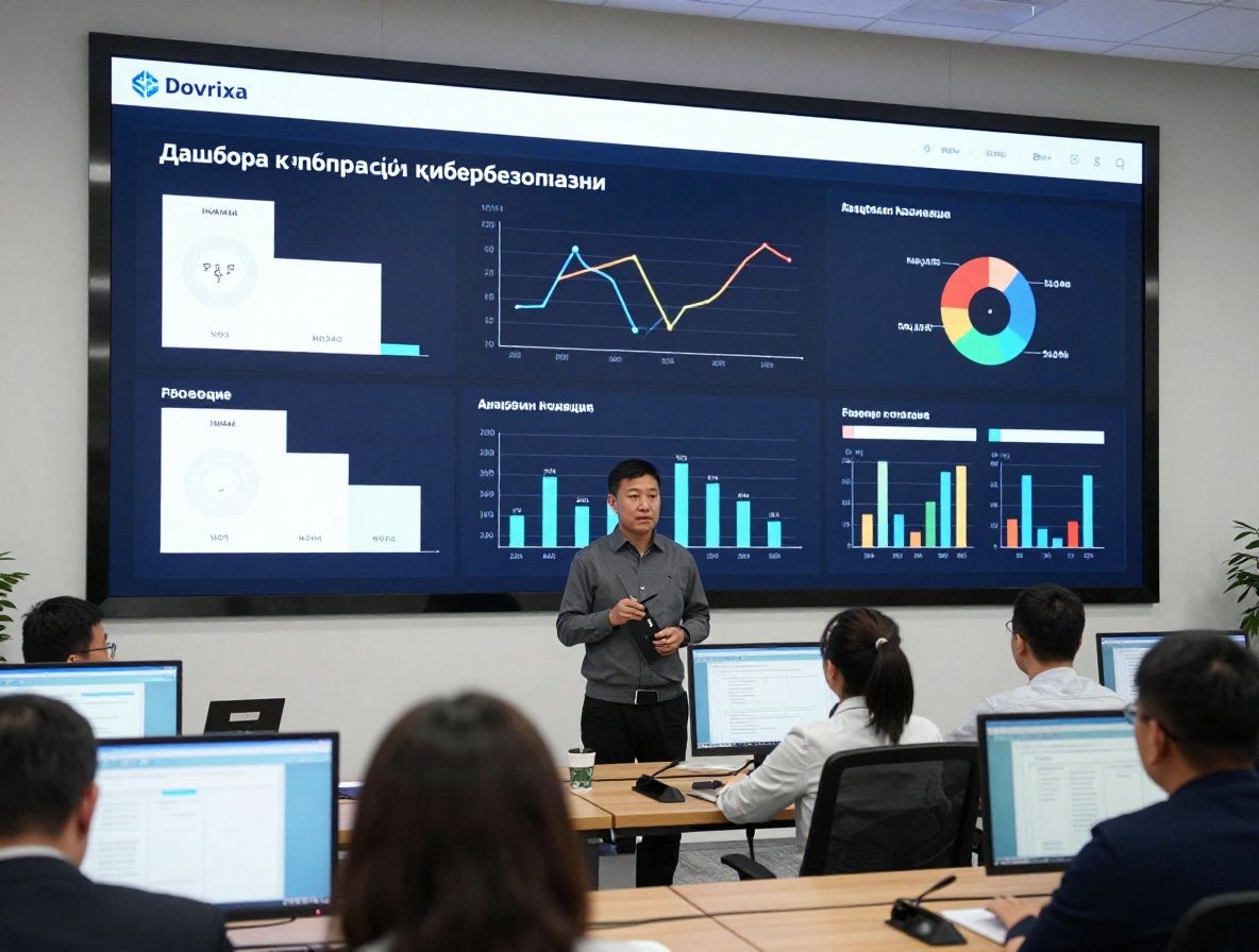 Современный офис редакции Dovrixa в Астане с большими экранами, отображающими аналитические дашборды по кибербезопасности, за которыми работают специалисты