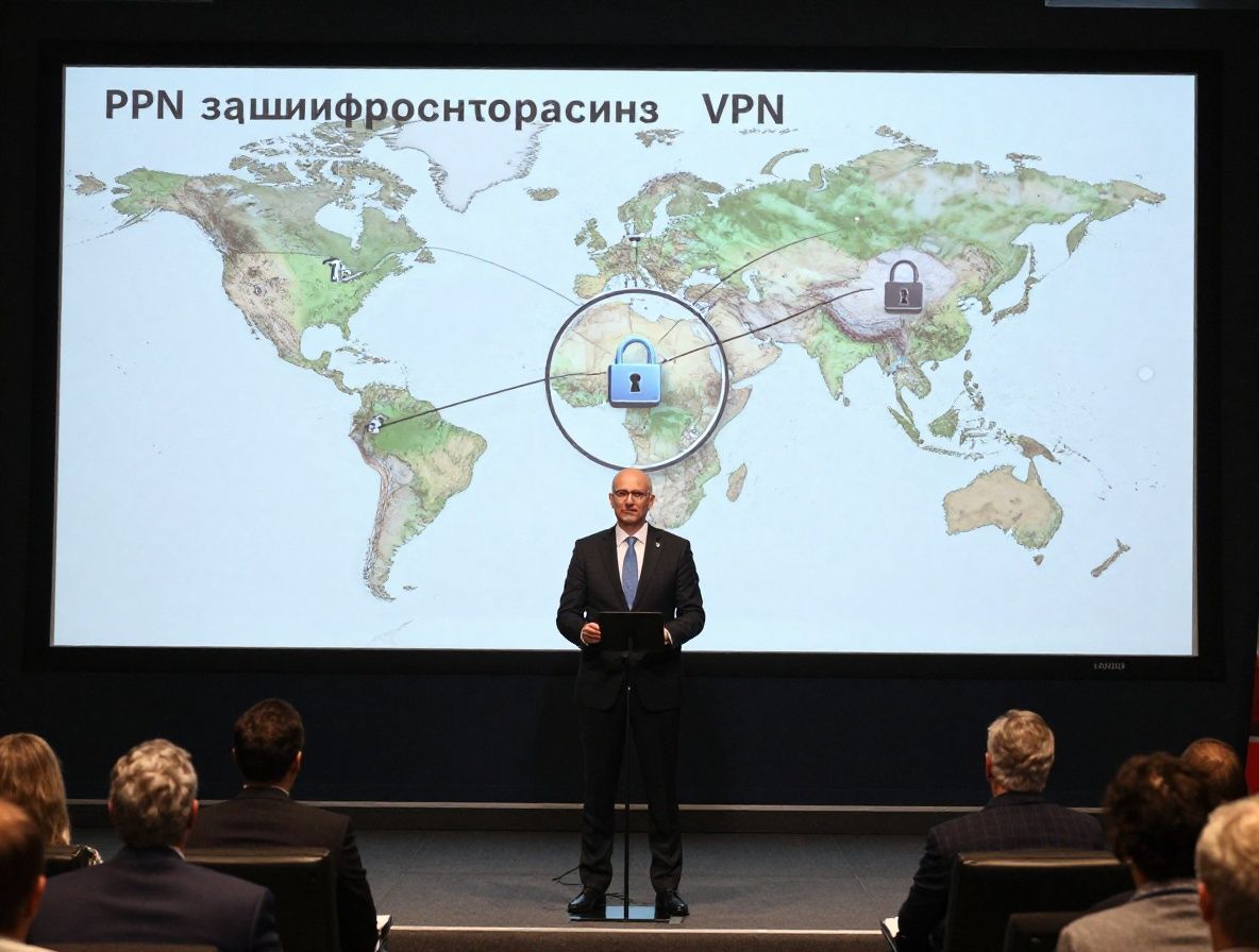 Иллюстрация туннеля VPN-соединения с зашифрованным трафиком и иконками безопасности на фоне карты мира с линиями связи