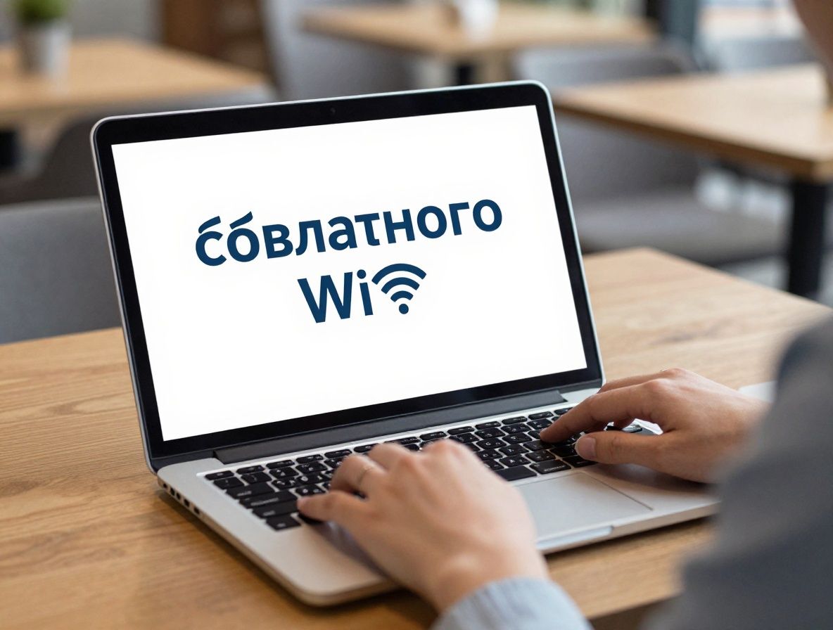 Открытый ноутбук в кафе с логотипом бесплатного Wi-Fi, иллюстрирующий риски использования публичных беспроводных сетей