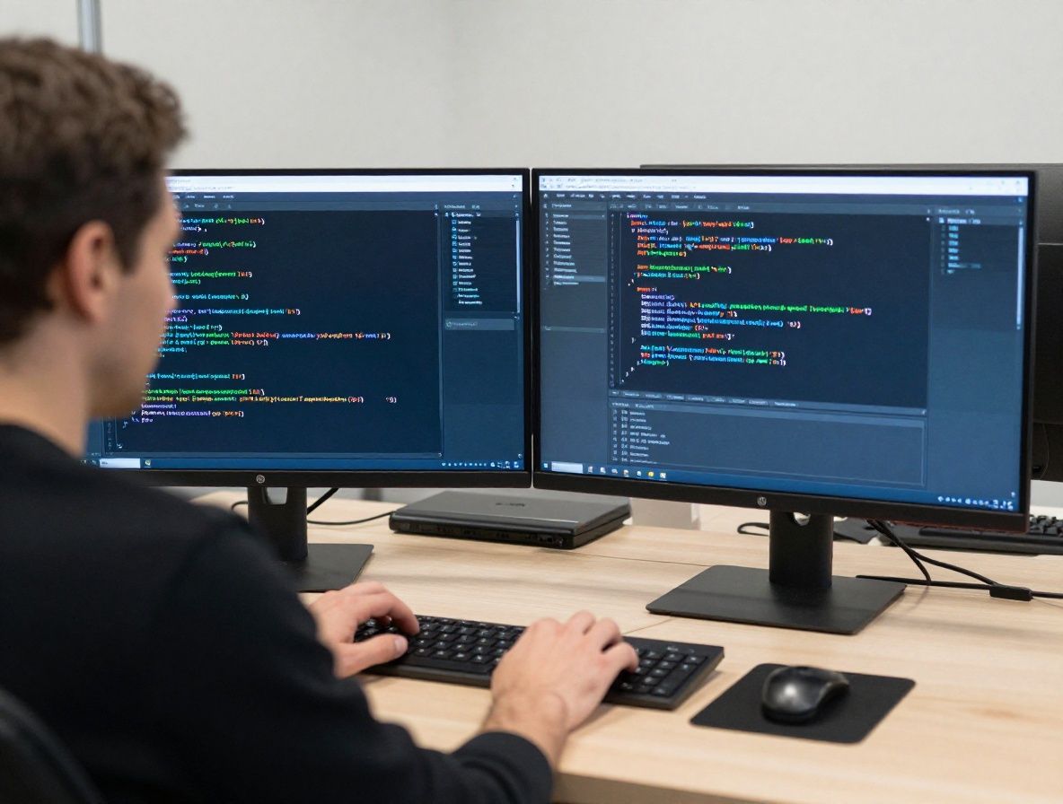 Специалист по кибербезопасности работает за несколькими мониторами с отображением сетевых карт, кода и защитных систем в тёмном офисе с синей подсветкой