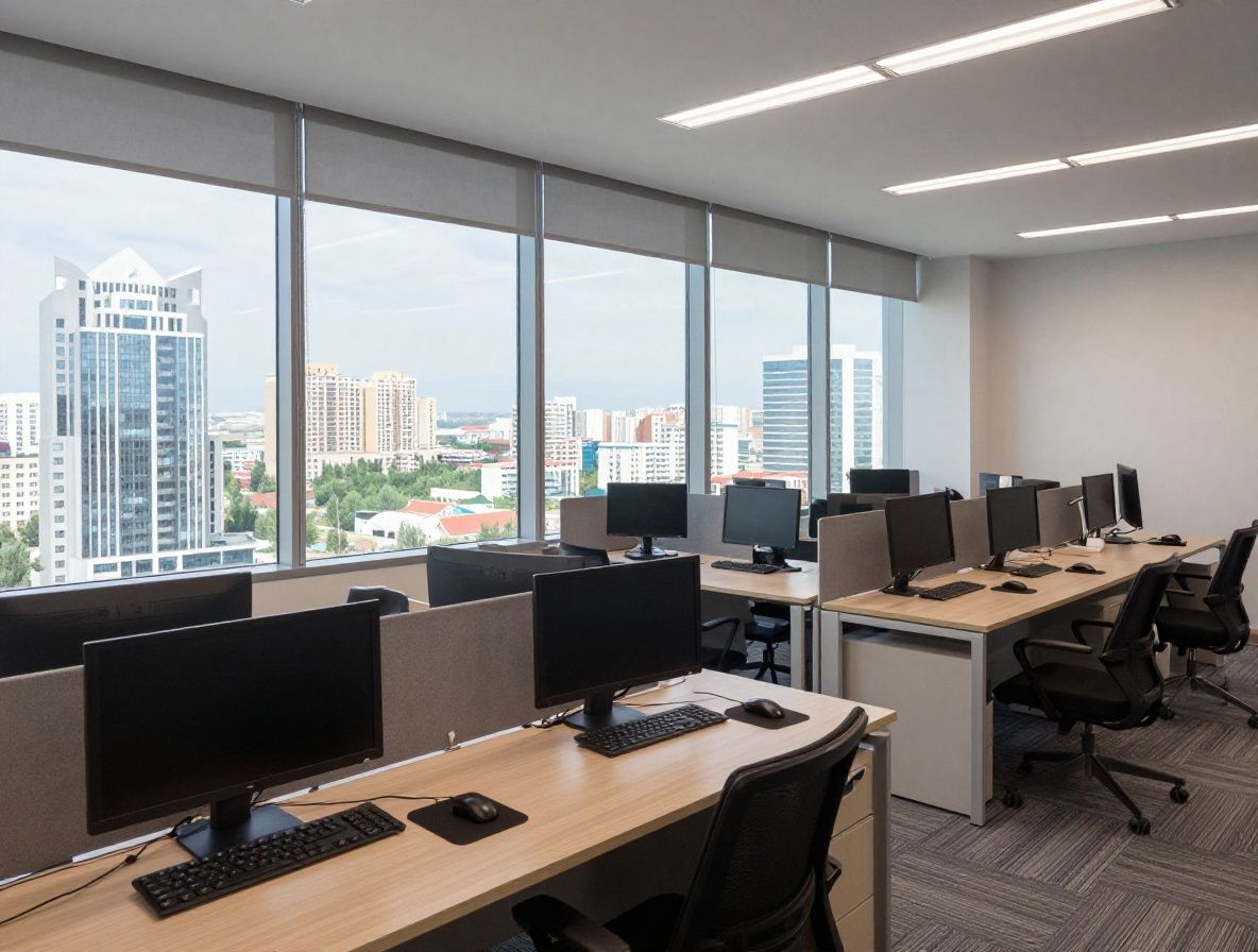 Современный деловой офис в Астане с панорамными окнами и видом на городские кварталы Нур-Султана, рабочие столы с компьютерами и стеклянные переговорные комнаты