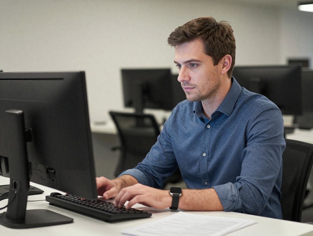 Мужчина в деловом костюме, главный редактор и эксперт по кибербезопасности, работает за компьютером в современном офисе