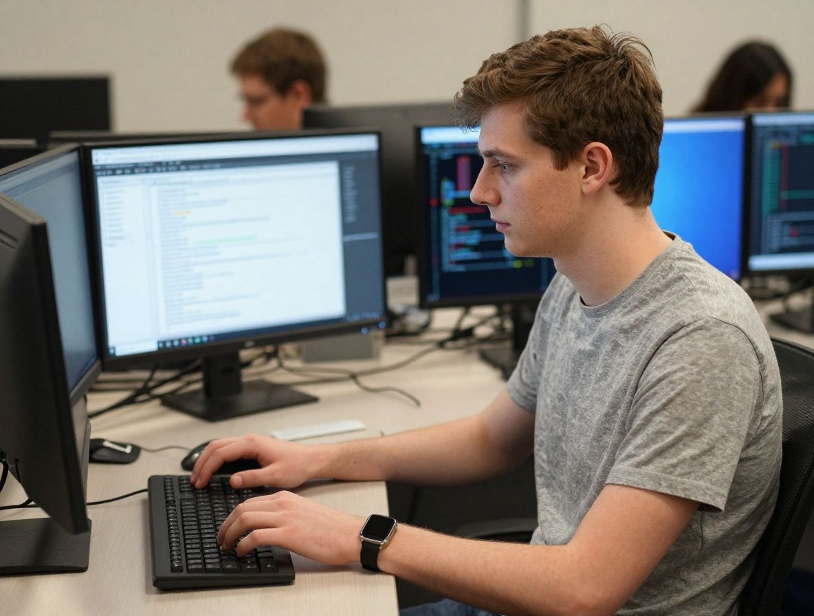 Молодой мужчина — технический журналист и аналитик вредоносного ПО, работает с несколькими мониторами в лабораторной обстановке